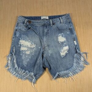 ONE x ONE TEASPOON Distressed‎ Denim Shorts Fringe Blue Women's 24 Destroyed